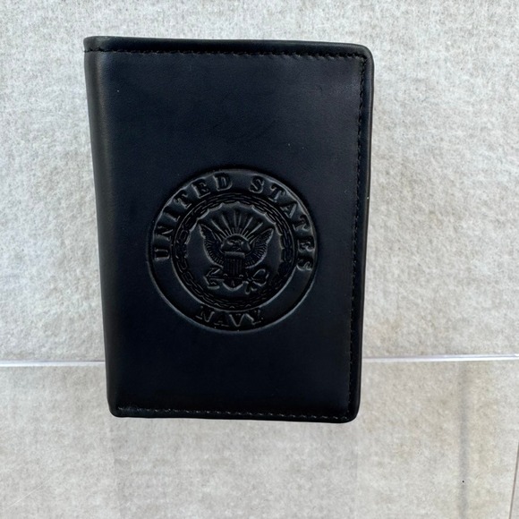 Other - US Navy Black Genuine Leather Mens Trifold Wallet Embossed NWT